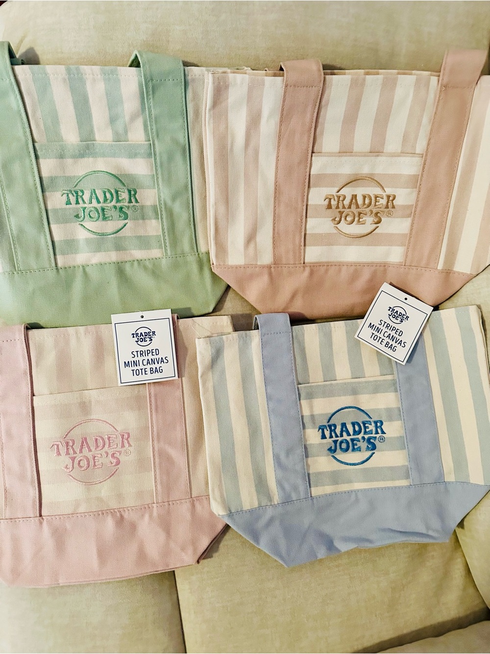 Trader Joe's Striped Mini Canvas Tote Bag - Pastel Multi set of 4